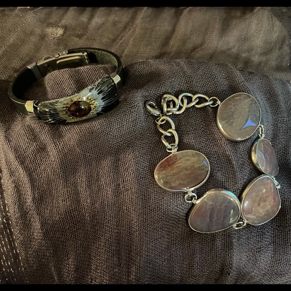 Unique, hand-crafted bracelets:- 1) Purple Agate, 2) Faux-Leather and Glass